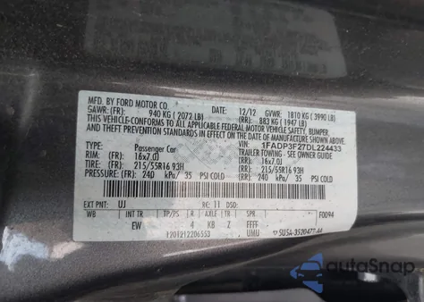 2013 Ford Focus Se из США, поврежденный, VIN 1FADP3F27DL224433